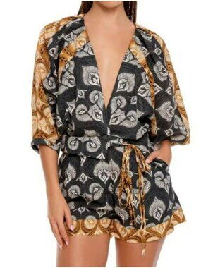 Anthropologie Agua Bendita Womens Wrap Romper M Green Tan Leaf Print 100% Cotton